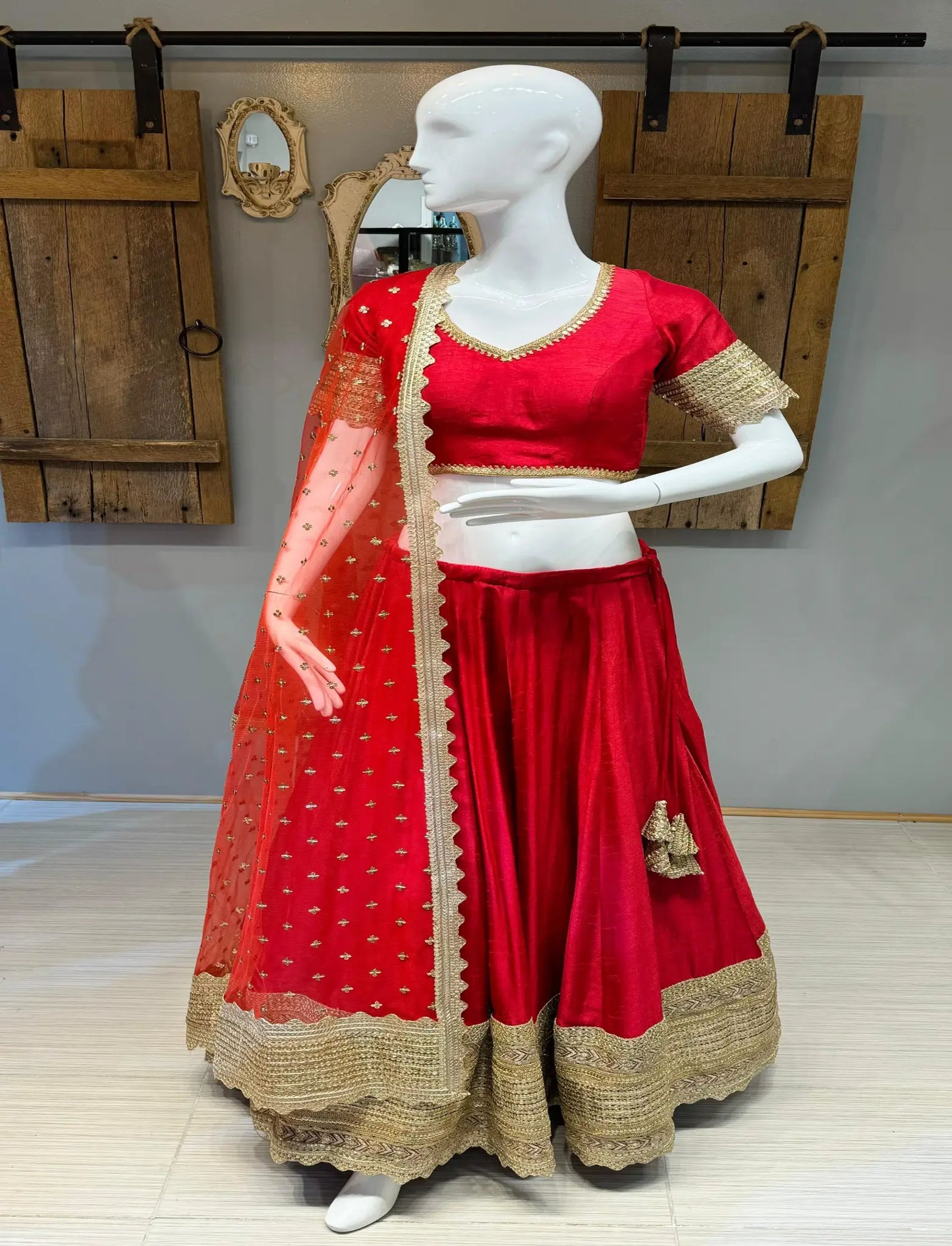 Classic Red Lehenga with Golden Embellishments Mumtaz Fashions