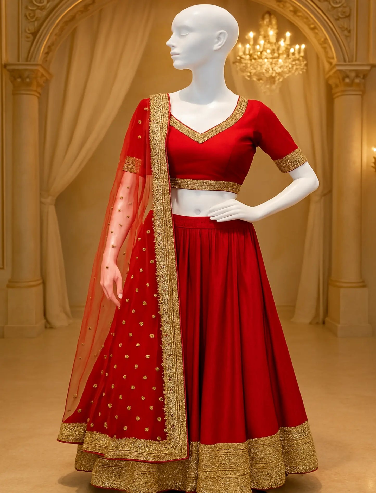 Classic Red Lehenga with Golden Embellishments Mumtaz Fashions