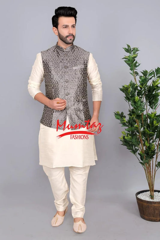 Elegant Cream Kurta Set With Embroidered Grey Nehru Jacket Mens Clothing