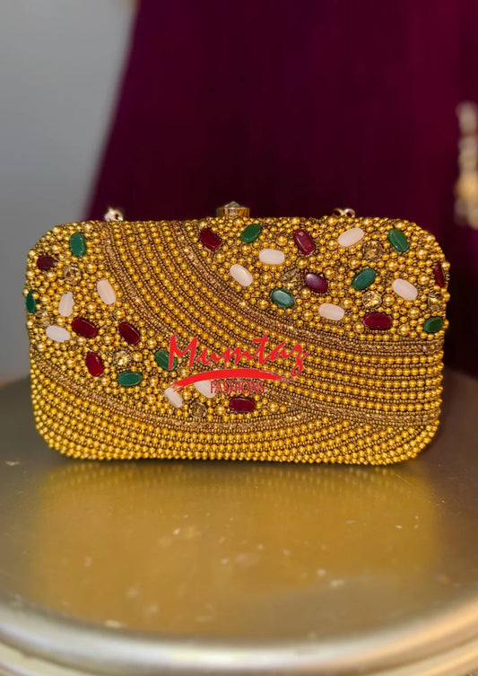 Golden Beaded Clutch With Multicolor Gemstones Embroidered Bag